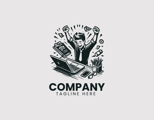 Fototapeta premium Happy Young Man With Laptop Celebrating Success Vector Logo Design, Joyful Young Man Laptop Celebrating Achievement Logo, Excited Young Man Laptop Celebrating Win Illustration Logo