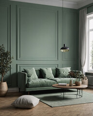 interior decor photography sage green home mockup featuring plush bed wooden couch table natural lighting calm styling modern elegant aesthetic minimalist setup Contemporary Scandinavian Interior