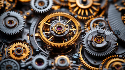 Close-up of a complex clockwork mechanism with interlocking gears and polished metallic components in golden and silver tones, symbolizing precision, time, unity, and engineered harmony.

