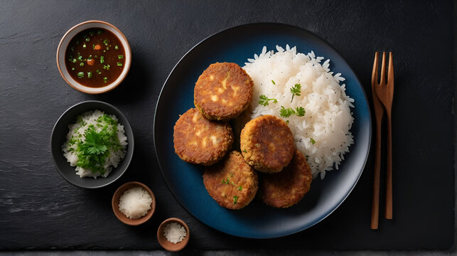 top view fried cutlets with cooked rice on dark desk meat food dish rissole