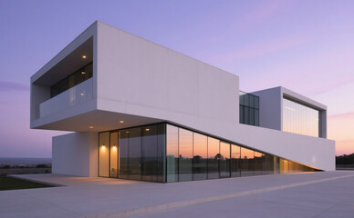 A striking minimalist building with large glass and white concrete surfaces, captured at dusk. The structure has a bold, geometric shape with cantilevered sections and sharp lines. A few warm light