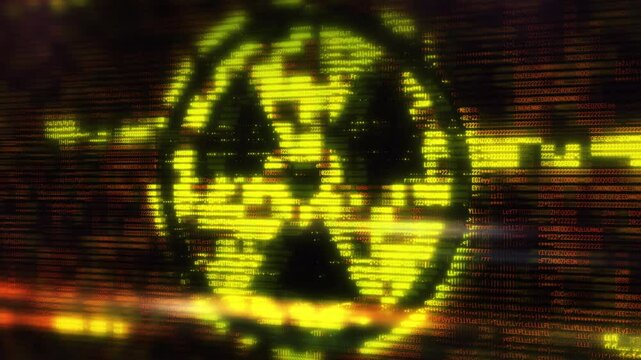 Radioactive symbol emerging from digital rain, representing nuclear danger