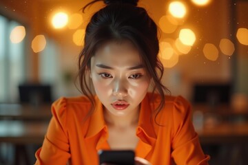 Modern woman distraction. Modern woman sits distractedly on table, lost in glow of her cell phone constantly.