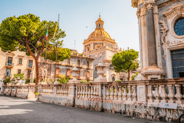 Fototapeta premium View of Cathedral Sant Agata on Piazza del Duomo with Elephant Fountain. in Catania, Sicily, Italy.