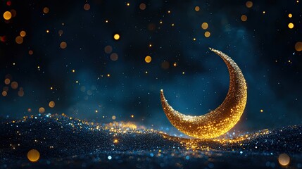 Glowing crescent moon with bokeh lights on a dark blue background and sparkling glittery surface