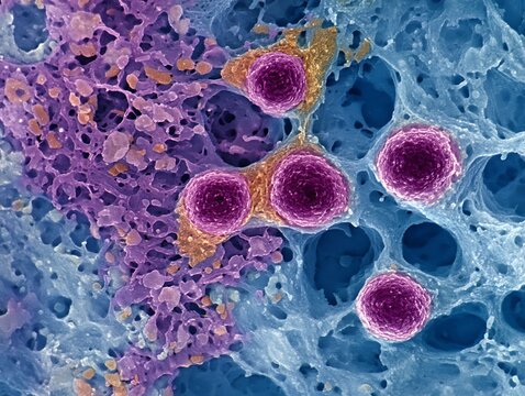 Microscopic visualization of osteosarcoma cells with spindle-shaped formations and mineralized matrix.
