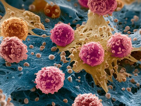 Microscopic visualization of osteosarcoma cells with spindle-shaped formations and mineralized matrix.