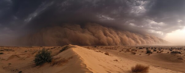 Panorama sand storm across dry desert with massive wind concept. A dramatic sandstorm envelops the desert landscape.