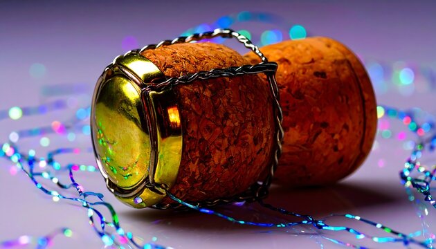 Sparkling Champagne Cork Close up with Festive Lights A New Year Celebration Image