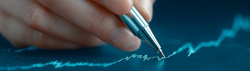 Advisor reviewing stock market charts on a digital device, close-up view focusing on analysis and planning expertise, with ample copy space.