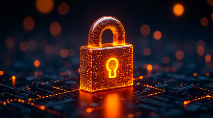 A glowing orange padlock sits prominently on a dark circuit board, representing themes of cybersecurity and data protection in a digital environment at night.