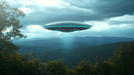 Fototapeta premium Unidentified Flying Object hovering over a densely forested mountainous region