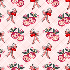 Seamless pattern featuring halved pomegranates, red cherries tied with pink bows, green leaves, and floral accents on a light pink plaid background