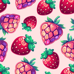 Seamless vector pattern with cartoon-style strawberries and raspberries on soft pink background