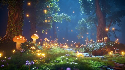 Enchanting forest path illuminated by glowing fireflies.