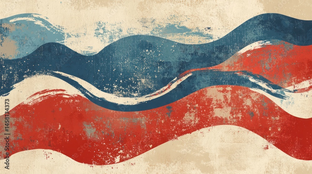 Poster abstract wavy design with red and blue brushstrokes on a textured background