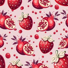 Seamless pattern featuring red strawberries, halved pomegranates with seeds, and scattered berries on a dark background