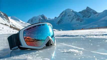 Skier helmet with goggle on ski slope in alpine mountains