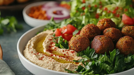 Hummus, falafel, tomato, parsley, lettuce, and onion served in white bowl, healthy Mediterranean vegan meal