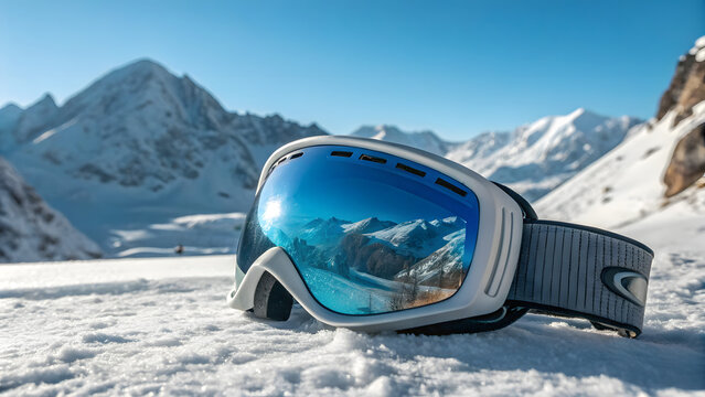 Skier helmet with goggle on ski slope in alpine mountains