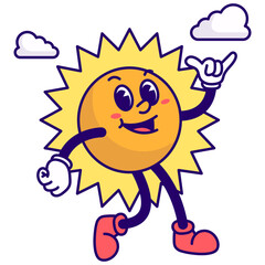 Funny Sun Groovy Character in Cartoon Style. Vector Illustration.