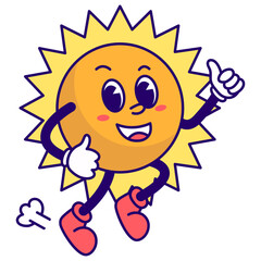 Funny Sun Groovy Character in Cartoon Style. Vector Illustration.
