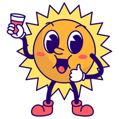 Funny Sun Groovy Character in Cartoon Style. Vector Illustration.