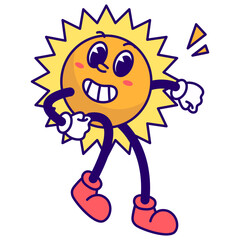 Funny Sun Groovy Character in Cartoon Style. Vector Illustration.