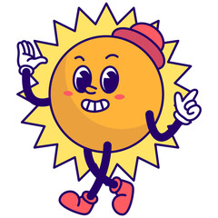 Funny Sun Groovy Character in Cartoon Style. Vector Illustration.