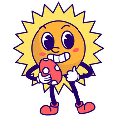 Funny Sun Groovy Character in Cartoon Style. Vector Illustration.