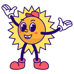 Funny Sun Groovy Character in Cartoon Style. Vector Illustration.