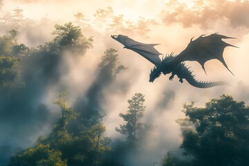 A two headed dragon soaring above a misty forest landscape at dusk with a cloudy sky background