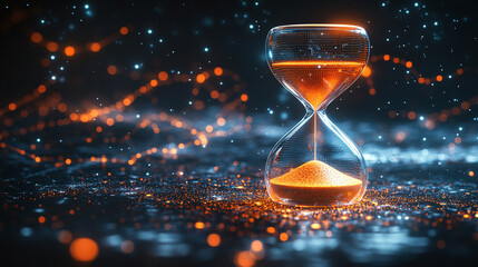 Glowing digital hourglass floats in a futuristic space with flowing particles and LED-style light, symbolizing the fusion of time and advanced technology in an abstract modern world.

