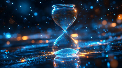 Glowing digital hourglass floats in a futuristic space with flowing particles and LED-style light, symbolizing the fusion of time and advanced technology in an abstract modern world.

