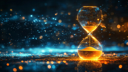 Glowing digital hourglass floats in a futuristic space with flowing particles and LED-style light, symbolizing the fusion of time and advanced technology in an abstract modern world.

