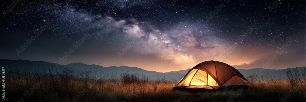 Aufkleber glowing tent in serene wilderness under a starry night sky generative ai