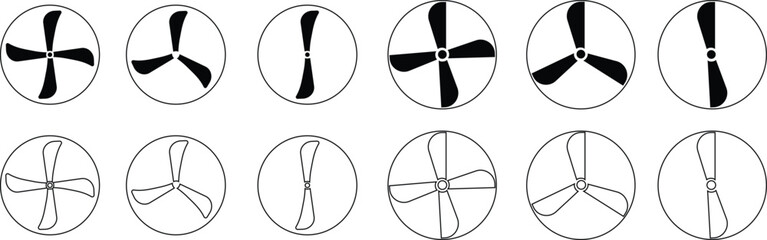 Fan icons set. Bicolor line and flat vector collection isolated on transparent background. Heating and cooling appliance. Flame, Ventilation Duct, Radiator, Air Filter, Wind, Droplet.