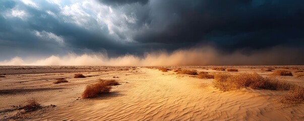 Panorama sand storm across arid desert with dark cloudy sky concept. A dramatic desert landscape under a stormy sky with windblown sand.