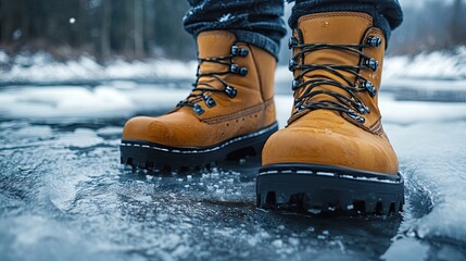 Close up of brown leather boots standing on a thin layer of ice in a wintery landscape scene