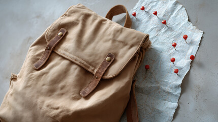 Old Style Backpack: A vintage canvas backpack rests beside a map with pin markers, evoking a sense of adventure and exploration, perfect for travel or outdoor activities.