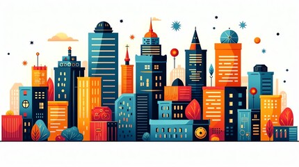 Whimsical urban landscape with stylized buildings