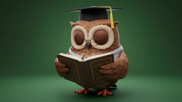 Wise cartoon owl reading a book