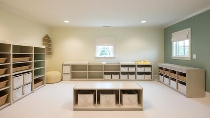 Organized playroom design ideas for kids home interior storage solutions bright environment wide-angle view