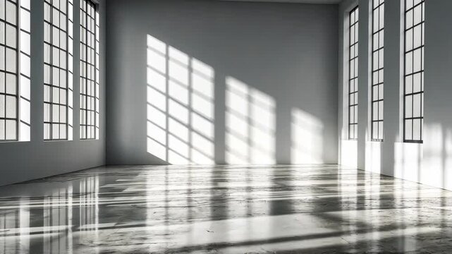 Sunlit empty room with large windows and polished concrete floor.  Light streams in, casting shadows