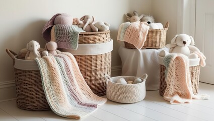 Cozy nursery setup with baskets and soft toys home photography inviting warm atmosphere