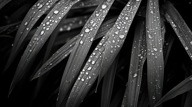 a serene landscape photograph captures dew drops glistening on the lush grass after a storm, eoking a sense of calm and tranquility