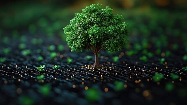 green moss on treeA small tree growing on the ground, surrounded by green leaves and tiny flowers. The background is blurred with black lines representing rows of crops in an agricultural field.