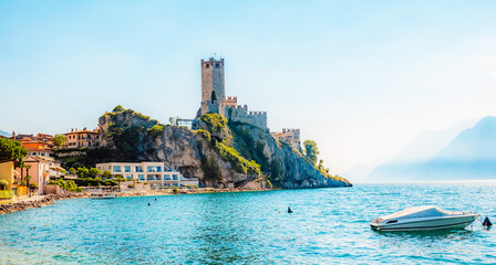 Castello Scaligero, Lake Garda, Italy. Lago di garda. Beautiful lake for swimming, sailing and...