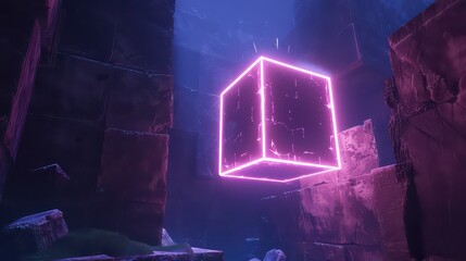 A glowing pink cube floats amidst ancient stone ruins under a dark blue and purple sky backdrop