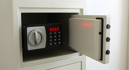 Obraz premium Opened Safe Box Revealing Another Silver and Black Digital Safe Box Inside Against a White Wall